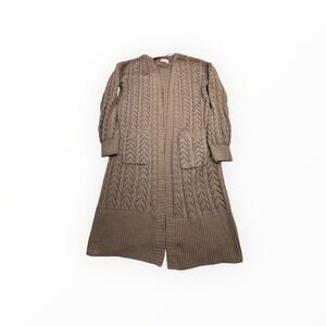 Pink Rose Taupe Brown Pointelle Cable Knit Longline Cardigan Sweater Small